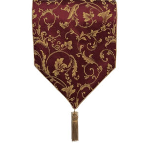 Cranberry Casket Drape with Gold Flourish Pattern and Gold Trim