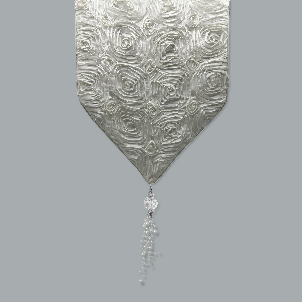 White Casket Drape with Rosette Pattern and Beaded Tassel