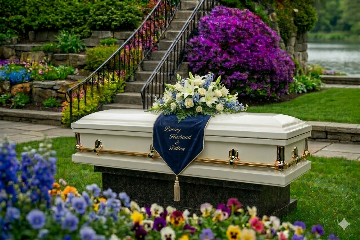 Elegant memorial casket drape with tassel detail