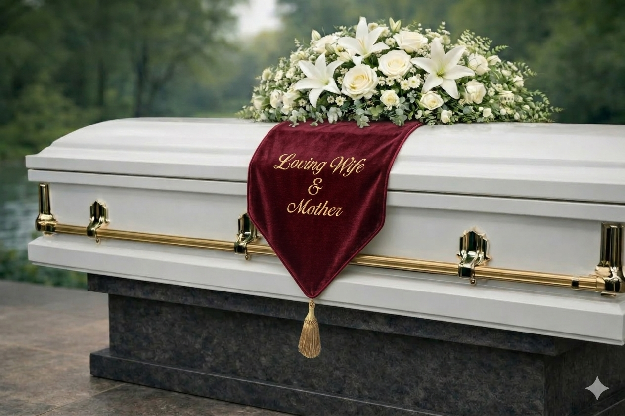 Casket drape presentation showing texture and fabric detail