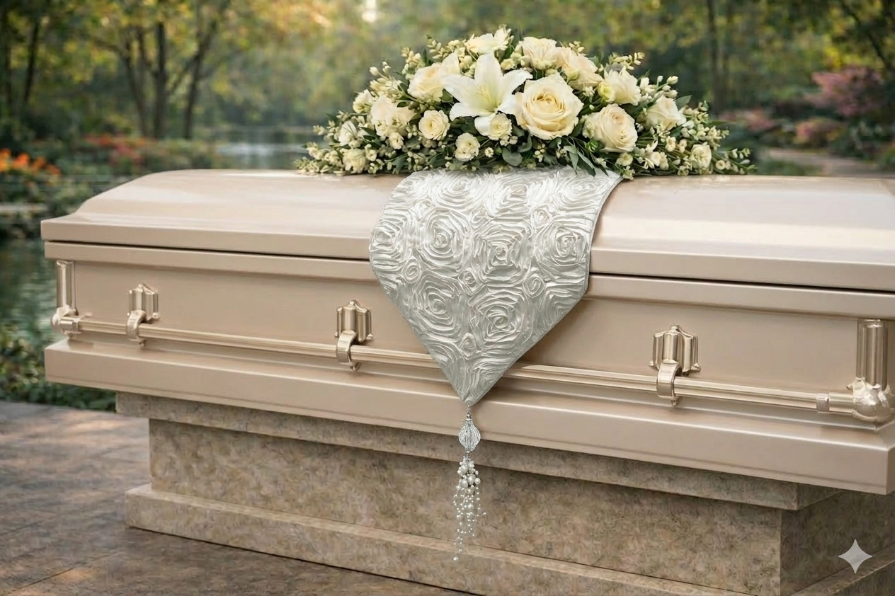 Funeral casket drape under flowers showing placement and style