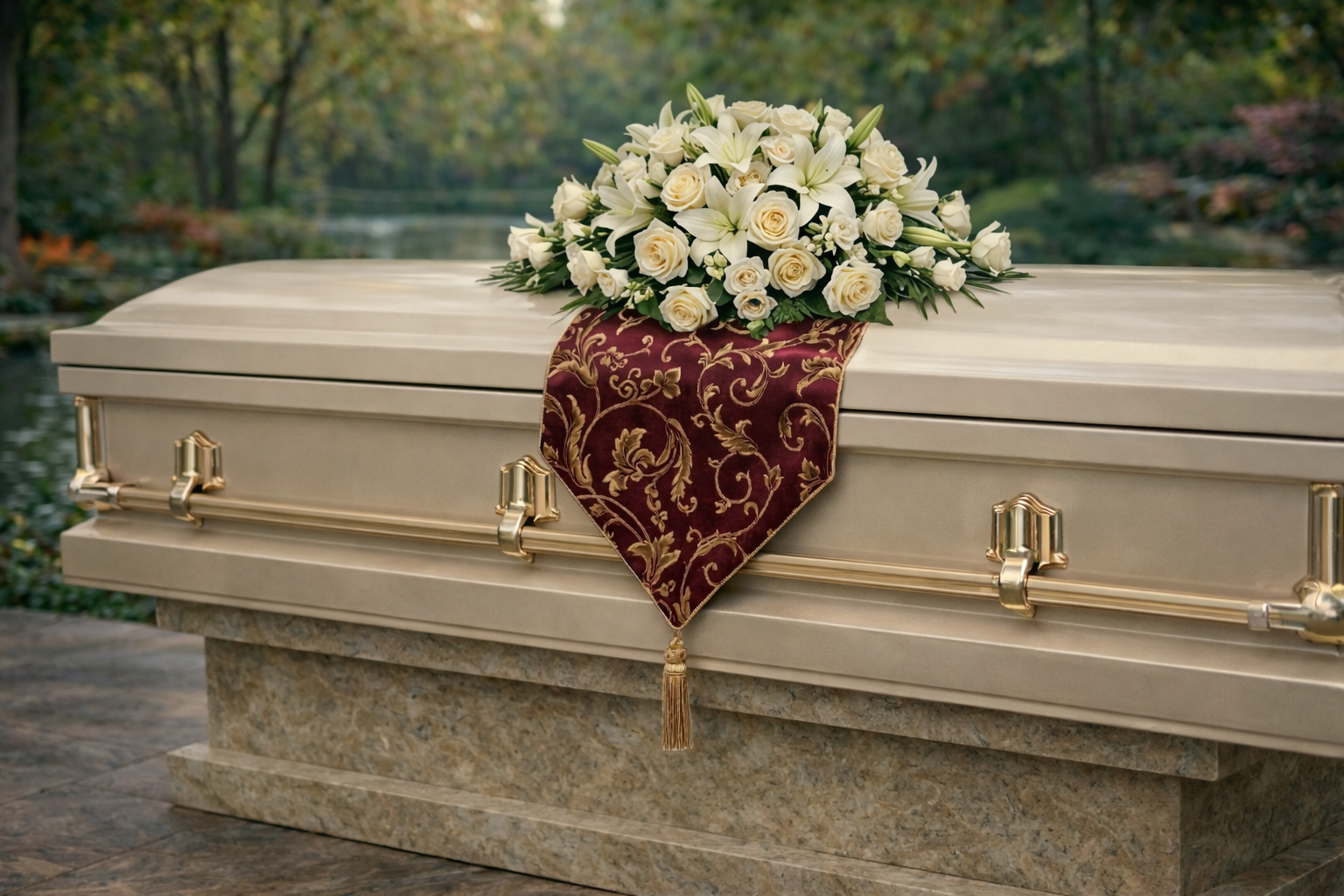 Full casket setup with drape and flowers at funeral service