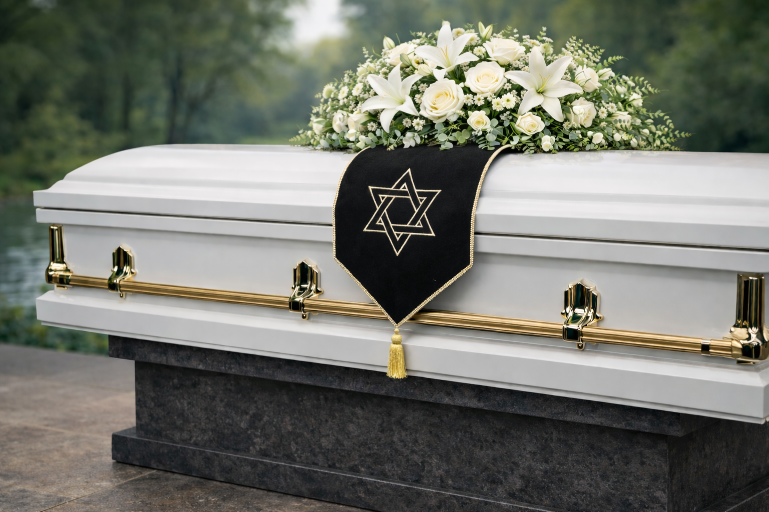 Decorative casket drape with symbolic design and gold detailing